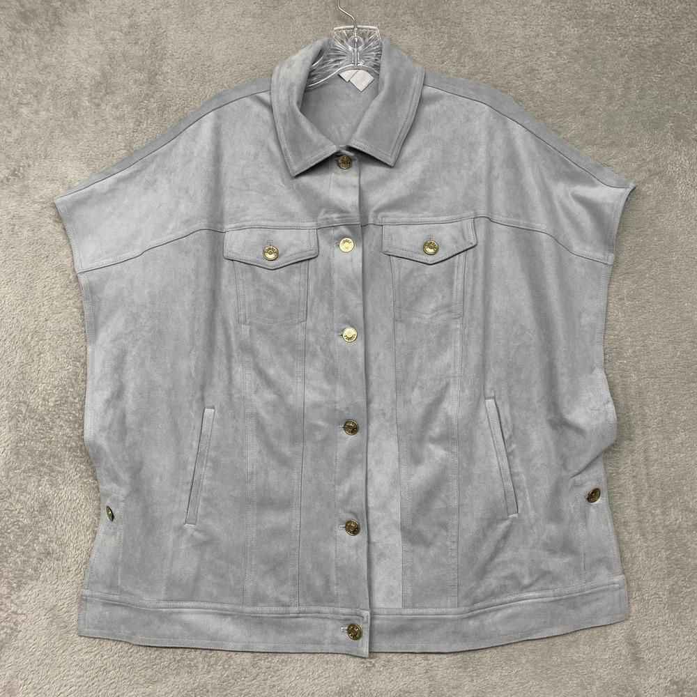 Chicos Womens Jacket S Gray Faux Suede Sleeveless Jacket Vest Gold Button Pocket